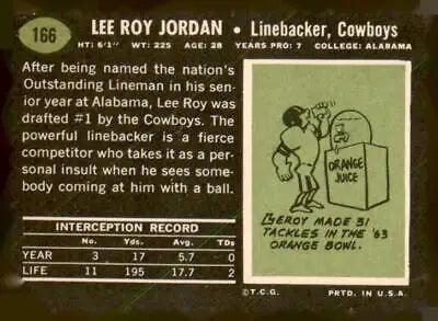 Vintage football card of Lee Roy Jordan from 1969 Topps #166 featuring Roy Jordan