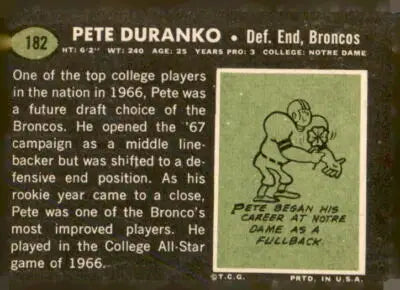 Vintage Pete Duranko trading card from 1969 Topps #182 featuring Denver Broncos player