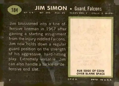 Vintage football card back of 1969 Topps Jim Simon Atlanta Falcons trading card