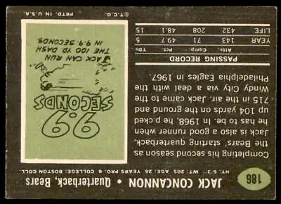 Vintage football card back of 1969 Topps Jack Concannon trading card for collectors