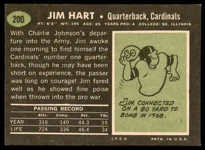 Vintage Jim Hart football trading card from 1969 Topps #200 in EX-MT condition