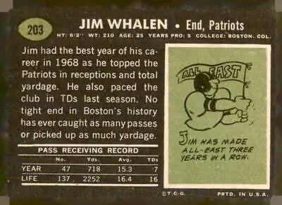 Vintage Jim Whalen football card from 1969 Topps #203 in EX-NM condition