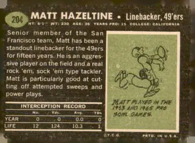 Vintage football card back featuring Matt Hazeltine of the San Francisco 49ers