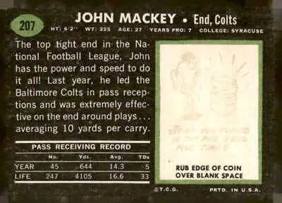 Vintage John Mackey Baltimore Colts football card from 1969 Topps #207 EX