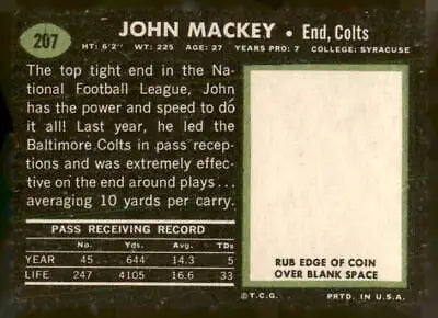 Vintage John Mackey football trading card from 1969 Topps #207 featuring John Mackey