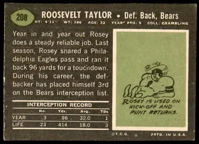 Vintage 1969 Topps Rosey Taylor football card showcasing Rosey Taylor football memorabilia