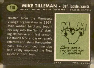 Football card back featuring Mike Tilleman from 1969 Topps #218 Orleans Saints trading card