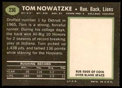 Vintage football card back of 1969 Topps #236 Tom Nowatzke sports trading card