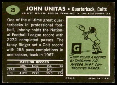 Vintage Johnny Unitas football trading card from 1969 Topps #25 in EX-MT condition
