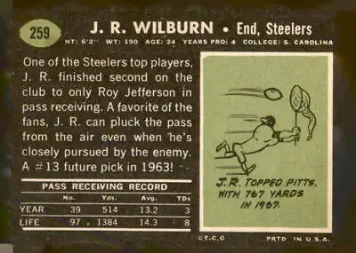 Vintage football card of J.R. Wilburn from 1969 Topps #259 Pittsburgh Steelers