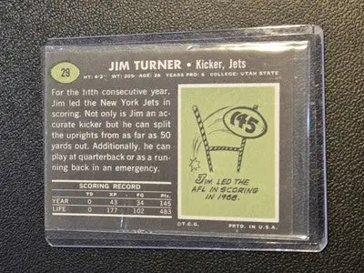 Jim Turner football card 1969 Topps #29a Jim Turner Jets Kicker collectible