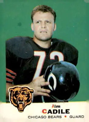 Football player holding helmet representing Jim Cadile of the Chicago Bears in 1969 Topps card