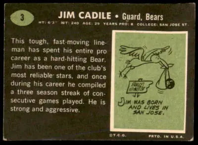 Vintage Jim Cadile football card from 1969 Topps #3 featuring Chicago Bears player