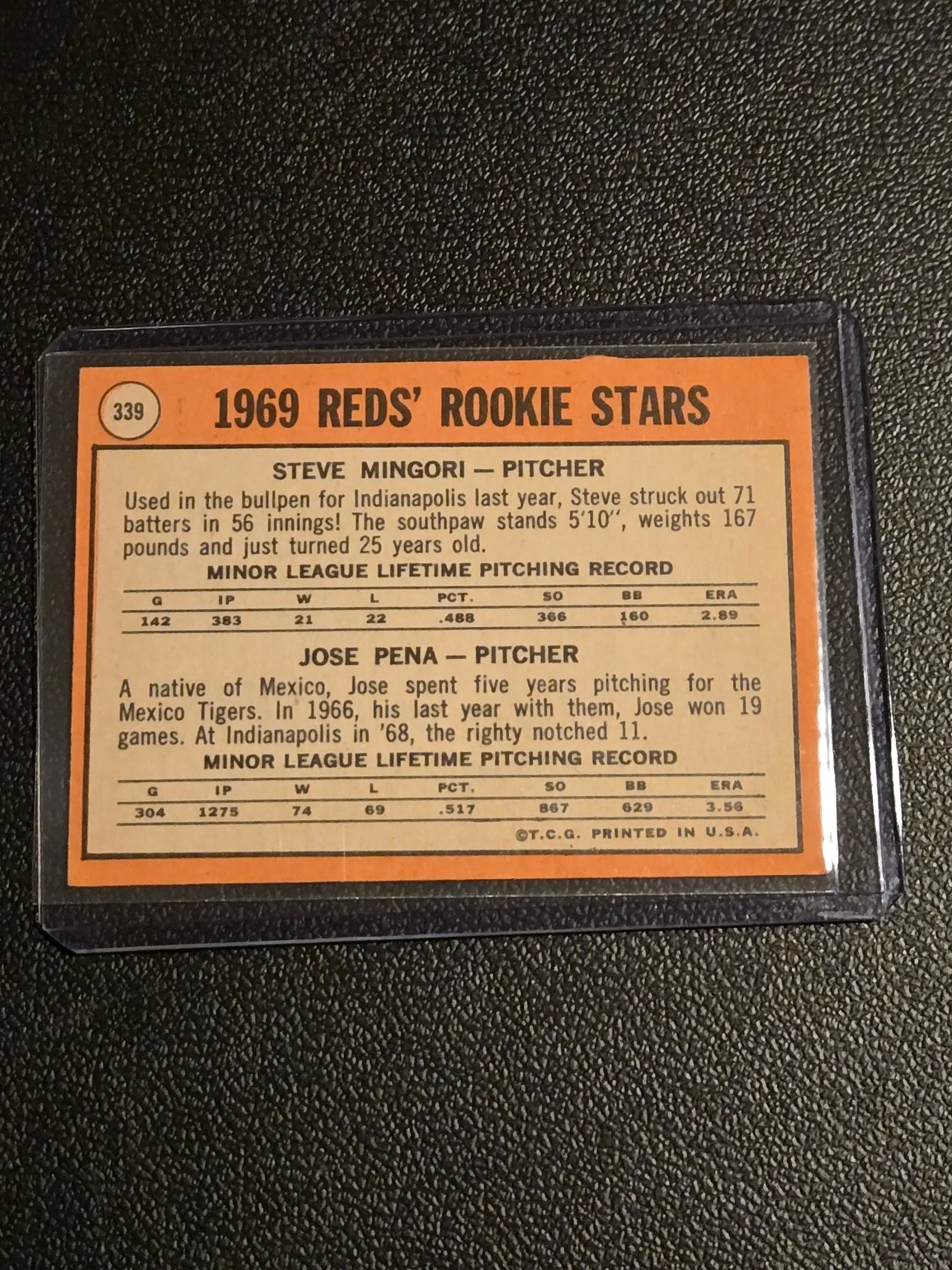 Vintage 1969 Topps rookie stars baseball card featuring Steve Mingori and Jose Pena