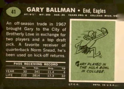 Vintage football card of Gary Ballman from the Philadelphia Eagles 1969 Topps #41