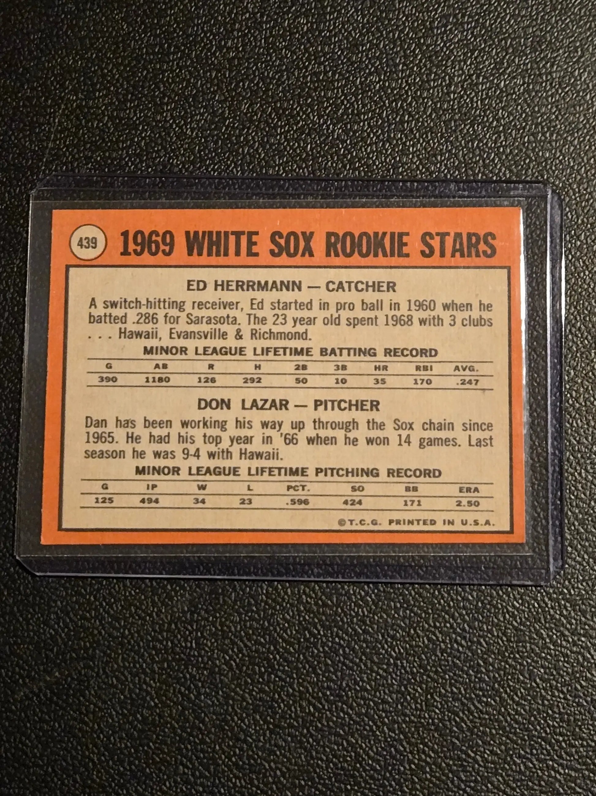 Back of 1969 Topps White Sox Rookie Stars baseball card featuring Ed Herrmann and Dan Lazar