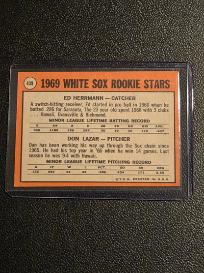 Back of 1969 Topps White Sox Rookie Stars baseball card featuring Ed Herrmann and Dan Lazar
