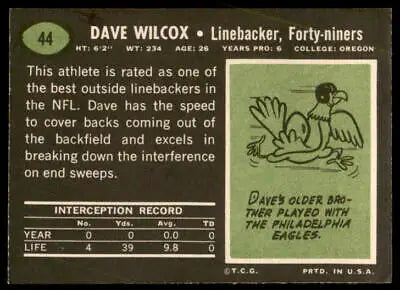 Vintage Dave Wilcox football card from 1969 Topps #44 featuring San Francisco 49ers star