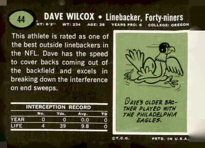 Vintage football card back featuring Dave Wilcox of the San Francisco 49ers from 1969 Topps