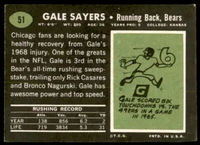 Vintage Gale Sayers football card from 1969 Topps #51 featuring Chicago Bears star