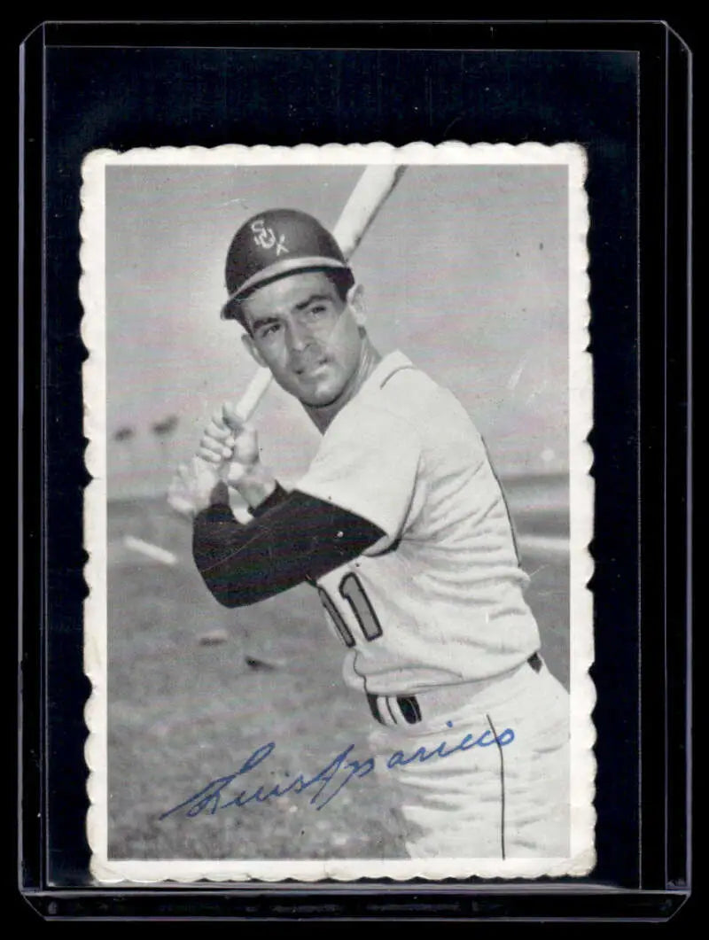 Black and white vintage photo of Luis Aparicio in Chicago White Sox batting stance