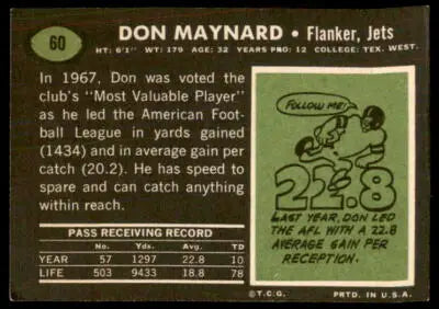 Vintage 1969 Topps Don Maynard football card featuring Don Maynard and York Jets