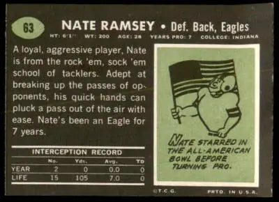 Vintage Nate Ramsey football card from 1969 Topps #63 showcasing Nate Ramsey football memorabilia