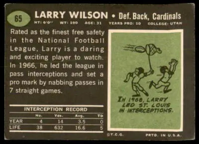 Vintage Larry Wilson football trading card from 1969 Topps #65 featuring Wilson trading card