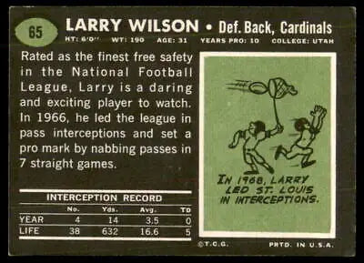 Vintage Larry Wilson football card from 1969 Topps #65 featuring Larry Wilson of the Louis Cardinals