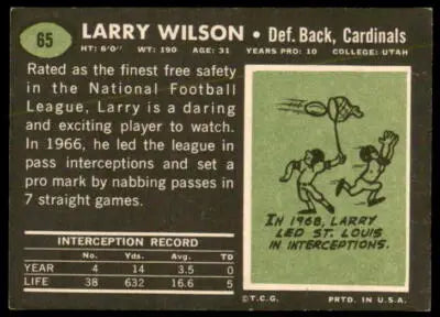 Vintage sports trading card of Larry Wilson from 1969 Topps series