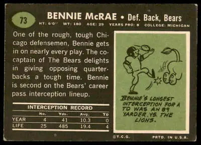 Vintage football card of Bennie McRae from 1969 Topps featuring Chicago Bears great cards