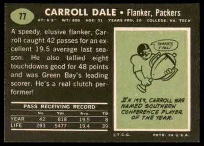 Vintage Carroll Dale football card featuring Carroll Dale of the Green Bay Packers