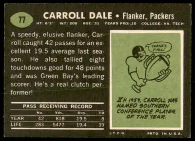 Vintage football trading card featuring Carroll Dale from 1969 Topps #77