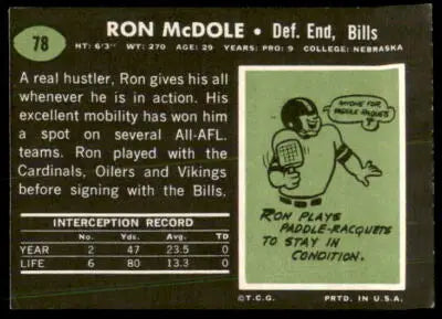 Ron McDole Buffalo Bills trading card from 1969 Topps #78 featuring football memorabilia