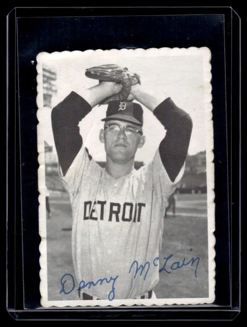 Vintage black and white photo of Denny McLain pitching for Detroit Tigers baseball card