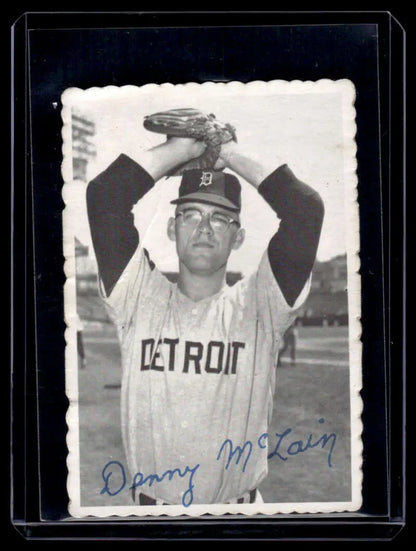 Vintage black and white photo of Denny McLain pitching for Detroit Tigers baseball card