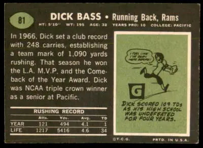 Vintage 1969 Topps Dick Bass trading card featuring Dick Bass football memorabilia
