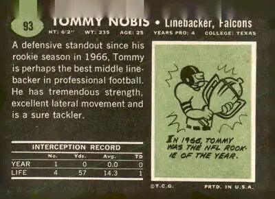 Tommy Nobis football trading card from 1969 Topps #93 showcasing Tommy Nobis trading memorabilia