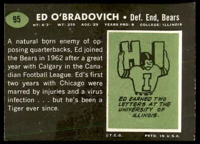 Vintage 1969 Topps Ed O’Bradovich Chicago Bears football card for collectors