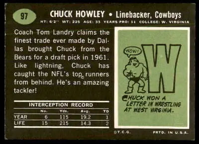 Vintage football card back featuring Chuck Howley trading card from 1969 Topps #97