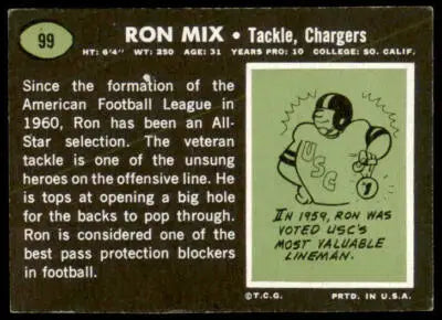 Vintage football card of Ron Mix from 1969 Topps #99 featuring San Diego Chargers
