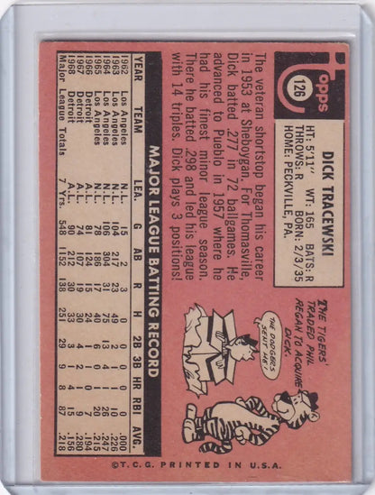 Vintage 1969 Topps Baseball card of Dick Tracewski featuring Detroit Tigers illustration