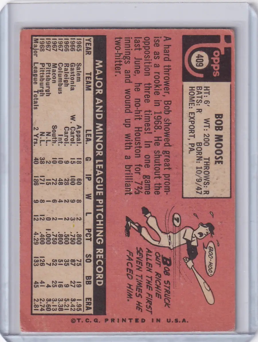 Back of 1969 Topps Baseball #409 Bob Moose card with stats and player illustration