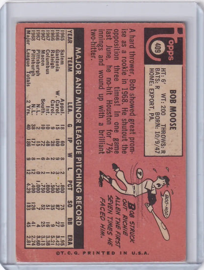 Back of 1969 Topps Baseball #409 Bob Moose card with stats and player illustration