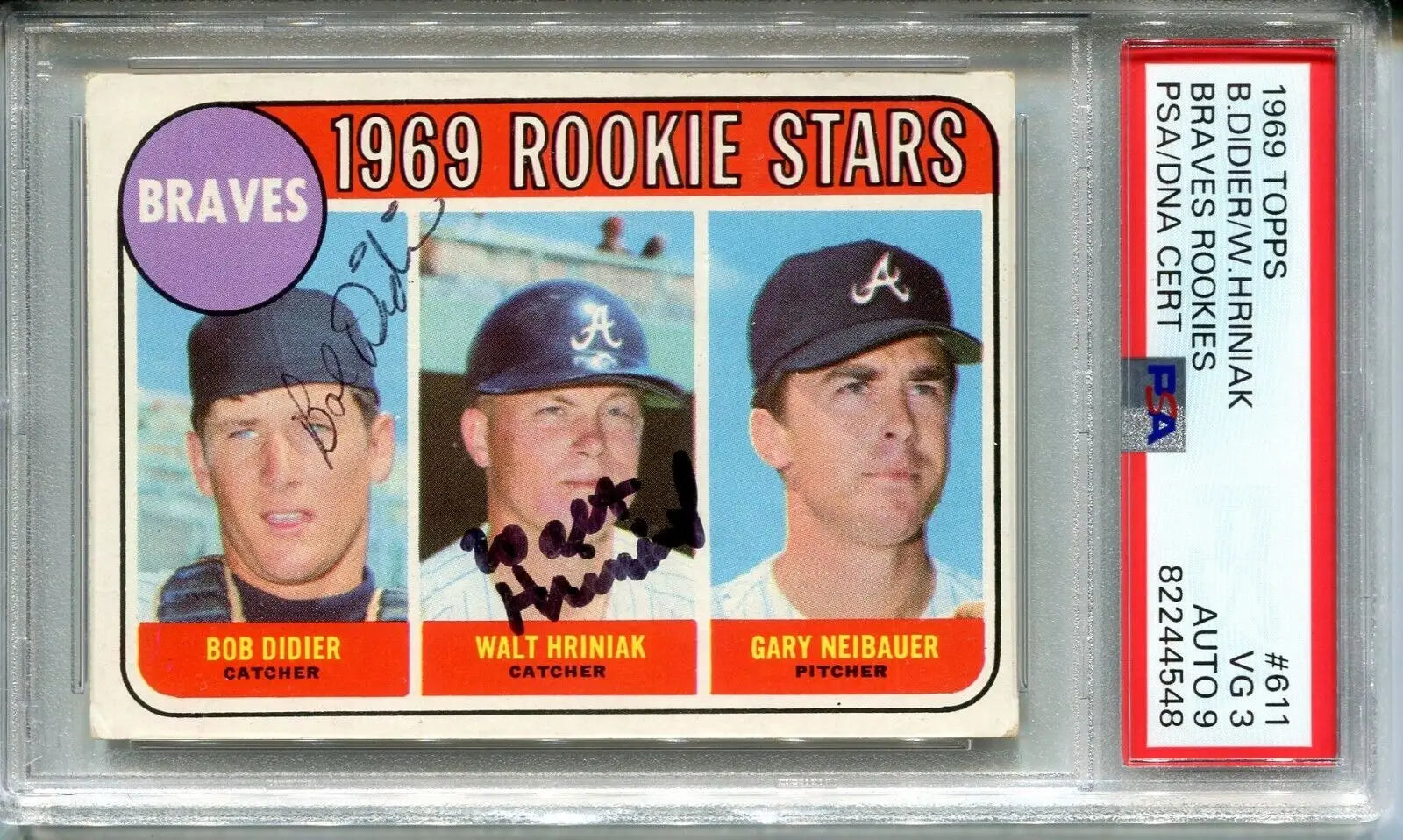 1969 Topps Braves Rookies baseball card featuring Bob Didier and Walt Hriniak signed auto