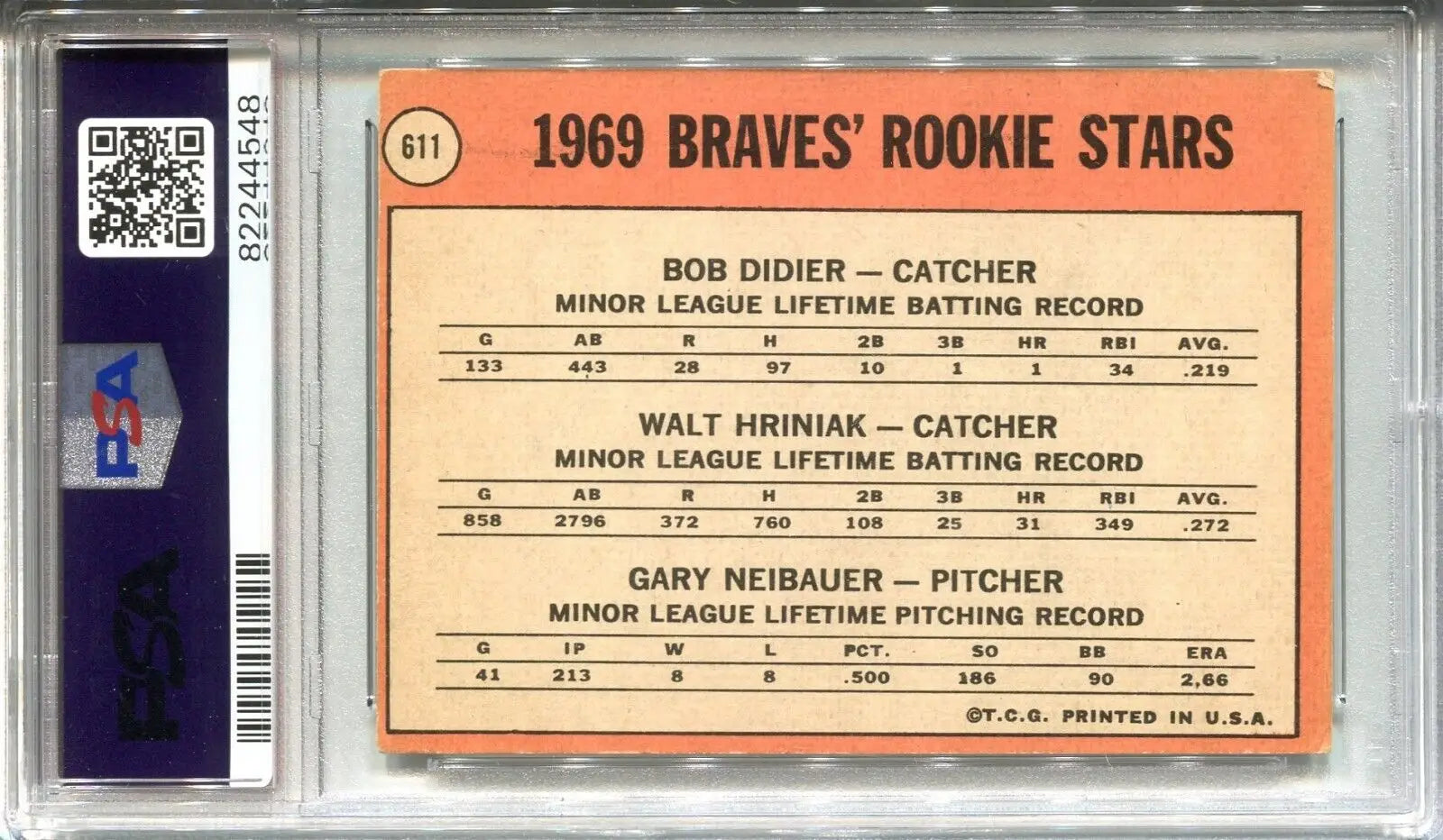 1969 Braves Rookie Stars baseball card featuring Bob Didier and Walt Hriniak, PSA 3/9 Auto
