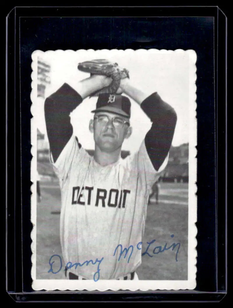 Black and white vintage Topps Deckle Edge baseball card of Detroit Tigers pitcher Denny McLain