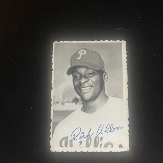 Signed 1969 Topps Deckle Edge Dick Allen #26 baseball card in black and white