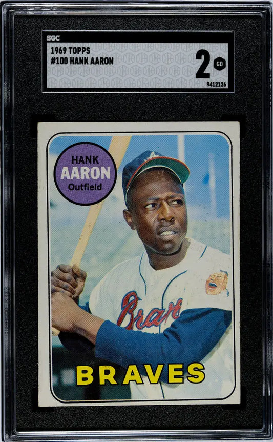 Graded 1969 Topps Hank Aaron #100 baseball card with SGC 2 grade