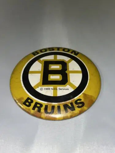 Vintage NHL Boston Bruins pinback button from 1969 hockey memorabilia collection